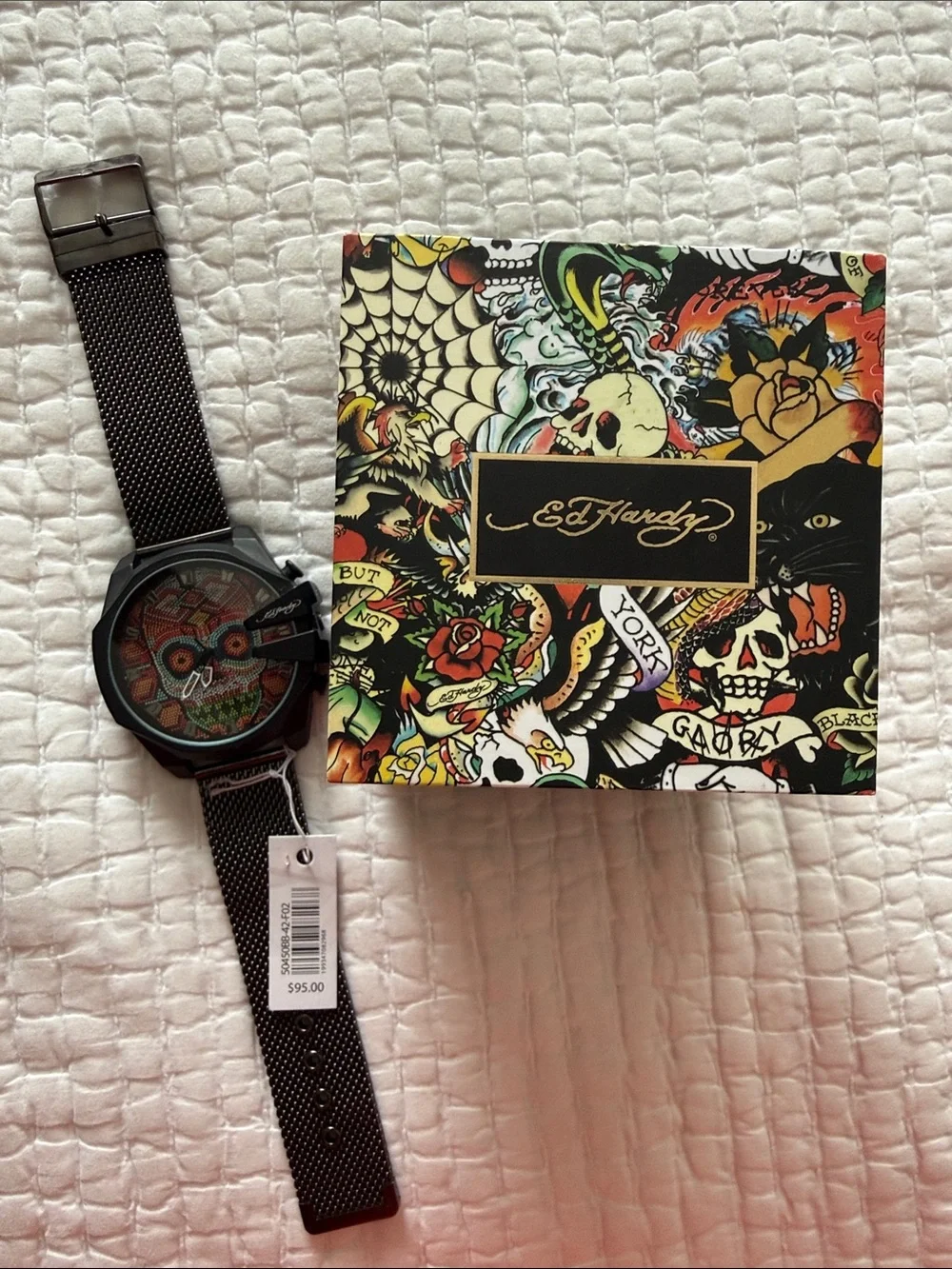 Ed Hardy Multicolor Skull Mosaic Mesh Strap Watch